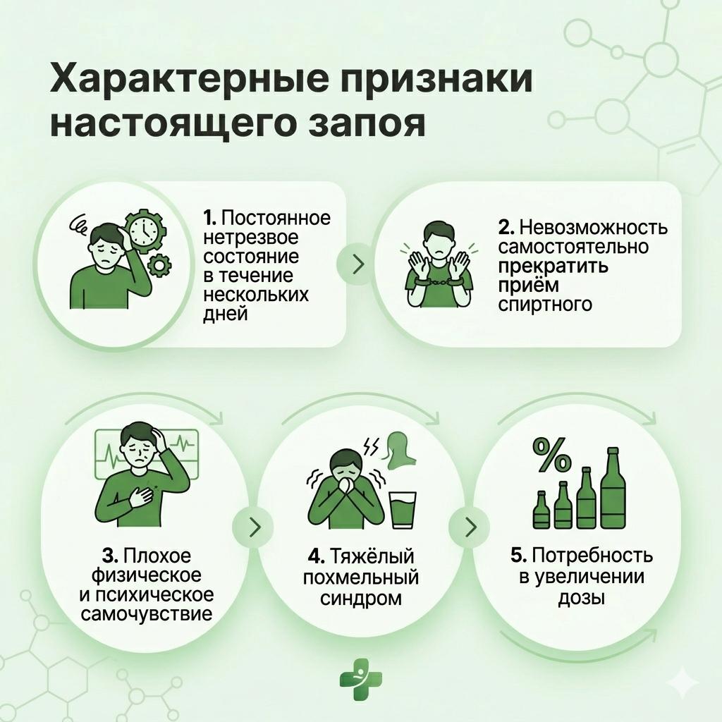 Основные признаки запоя: длительное употребление алкоголя, абстиненция и потеря контроля.